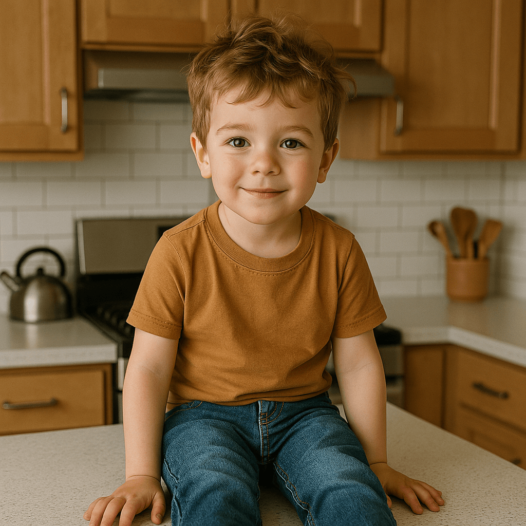 A child sitting on a kitchen counter